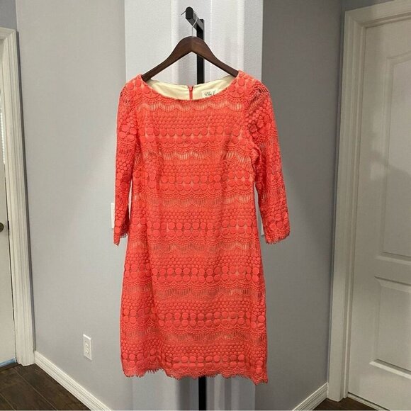Eliza J 3/4 Length Sleeve Lace Shift Dress Coral Pink Boat Neck Size 6 - Picture 3 of 8